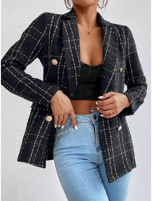 SHEIN Frenchy Plaid Double Breasted Tweed Blazer