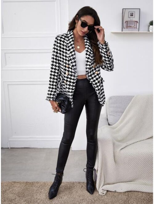 SHEIN BIZwear Houndstooth Double Button Tweed Blazer Workwear