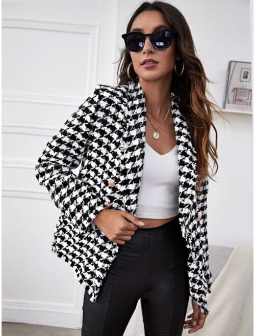 SHEIN BIZwear Houndstooth Double Button Tweed Blazer Workwear