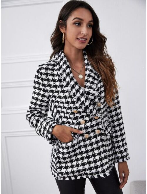 SHEIN BIZwear Houndstooth Double Button Tweed Blazer Workwear