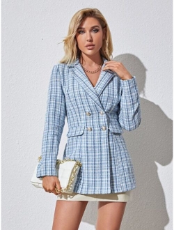 Prive Double Breasted Plaid Tweed Blazer