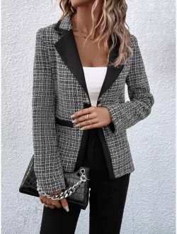 Clasi Plaid Pattern Lapel Collar Tweed Blazer