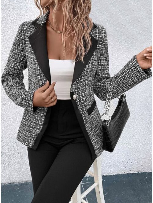 SHEIN Clasi Plaid Pattern Lapel Collar Tweed Blazer