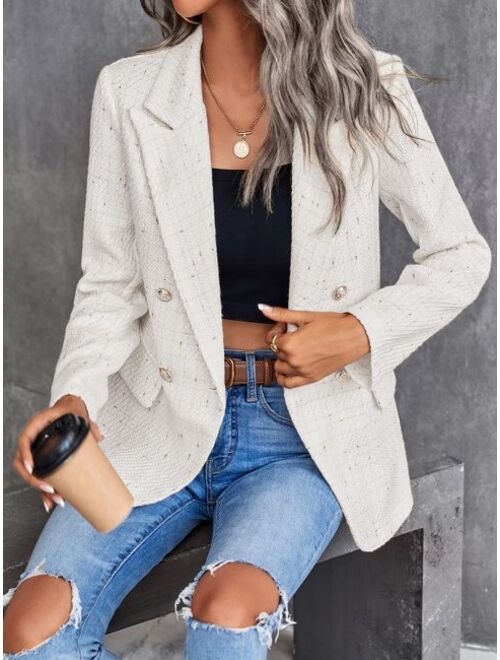 SHEIN Clasi Lapel Neck Double Breasted Tweed Blazer