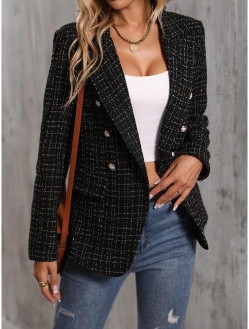 SHEIN Clasi Lapel Neck Double Breasted Tweed Blazer