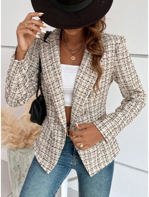 SHEIN Frenchy Plaid Double Breasted Tweed Blazer