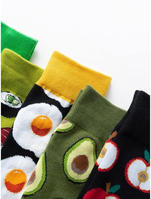 Shein 5pairs/pack Men's Mid-calf Socks, Fried Egg & Hamburger Pattern, Suitable For Daily Casual Wear