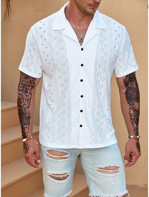 Manfinity Homme Men Eyelet Embroidery Button Up Lapel Neck Shirt