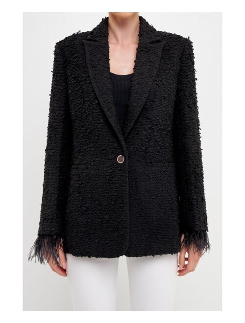 ENDLESS ROSE Women's Feather-Trimmed Tweed Blazer