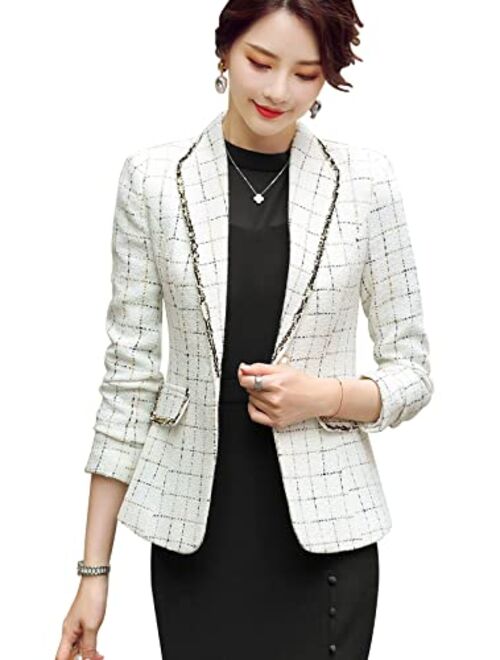 ebossy Women's Bordered Notched Lapel Plaid Blazer Suit Button Down Slim Elegant Houndstooth Checker Jacket Coat Crop Tops