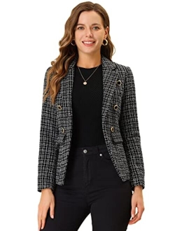 Women's Elegant Plaid Jacket Long Sleeve Open Front Tweed Blazer