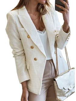 Happy Sailed Womens Double Breasted Tweed Blazers Casual Long Sleeve Open Front Blazer Jackets Work Suits