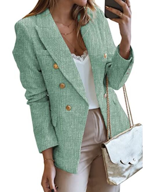 Happy Sailed Womens Double Breasted Tweed Blazers Casual Long Sleeve Open Front Blazer Jackets Work Suits