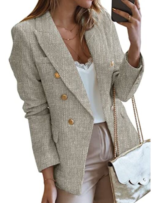 Happy Sailed Womens Double Breasted Tweed Blazers Casual Long Sleeve Open Front Blazer Jackets Work Suits