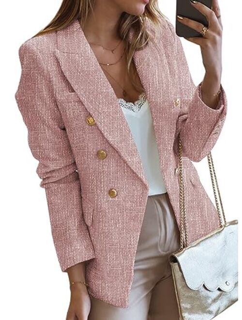 Happy Sailed Womens Double Breasted Tweed Blazers Casual Long Sleeve Open Front Blazer Jackets Work Suits