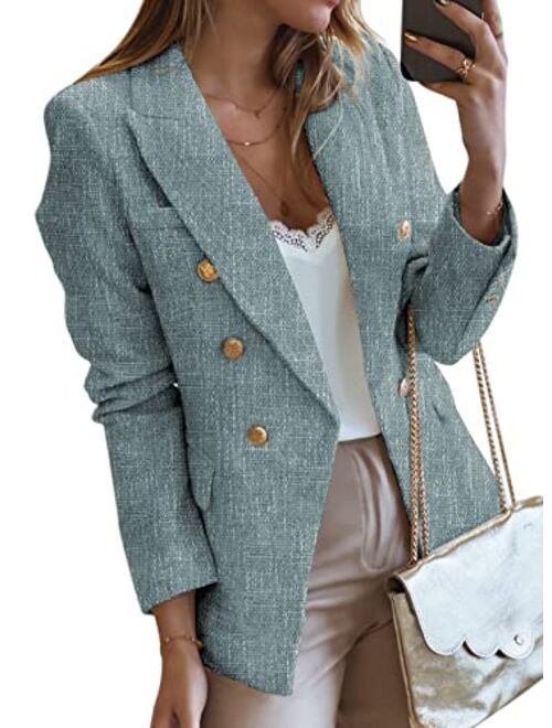 Happy Sailed Womens Double Breasted Tweed Blazers Casual Long Sleeve Open Front Blazer Jackets Work Suits