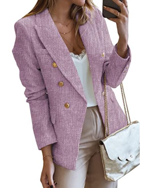 Happy Sailed Womens Double Breasted Tweed Blazers Casual Long Sleeve Open Front Blazer Jackets Work Suits