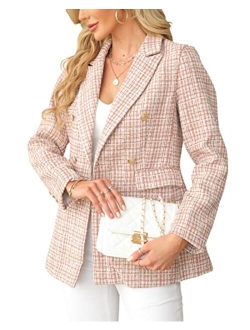 Tankaneo Womens Elegant Tweed Blazer Slim Fit Double Button Lapel Blazers Open Front Suit Work Office Jacket Blazer