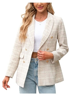 Tankaneo Womens Elegant Tweed Blazer Slim Fit Double Button Lapel Blazers Open Front Suit Work Office Jacket Blazer