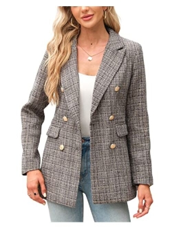 Tankaneo Womens Elegant Tweed Blazer Slim Fit Double Button Lapel Blazers Open Front Suit Work Office Jacket Blazer