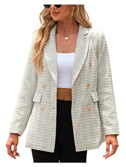 Tankaneo Womens Elegant Tweed Blazer Slim Fit Double Button Lapel Blazers Open Front Suit Work Office Jacket Blazer