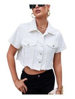 Glitrandi Cargo Camo Short Sleeve Cropped Jacket for Women Button Down Tops Crop Jean Denim