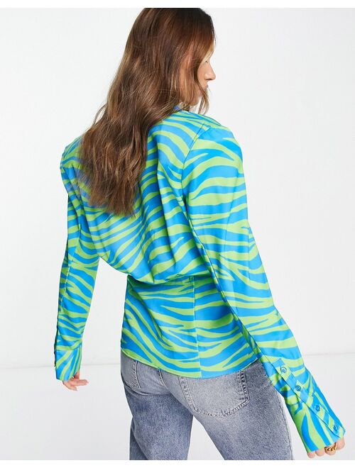 NA-KD x Janka Polliani cinched waist shirt in bright zebra satin