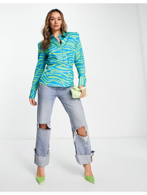 NA-KD x Janka Polliani cinched waist shirt in bright zebra satin