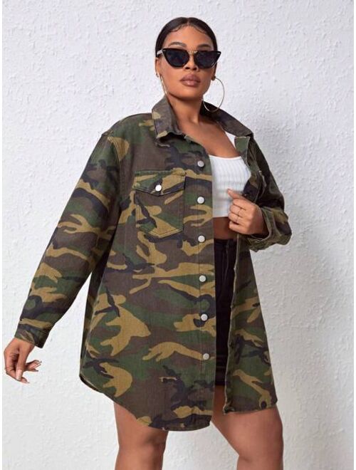 SHEIN Slayr Plus Camo Print Drop Shoulder Flap Pocket Denim Jacket