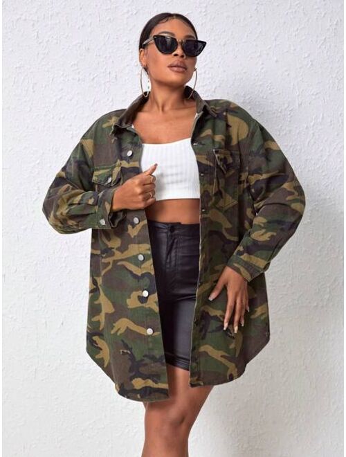 SHEIN Slayr Plus Camo Print Drop Shoulder Flap Pocket Denim Jacket