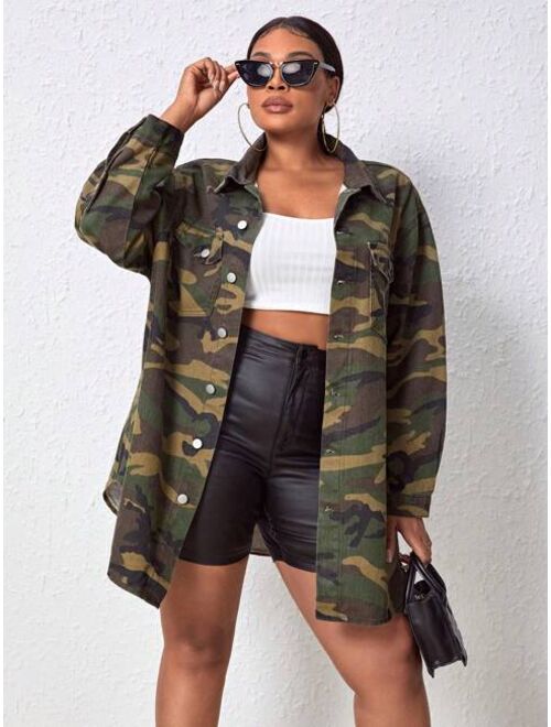 SHEIN Slayr Plus Camo Print Drop Shoulder Flap Pocket Denim Jacket