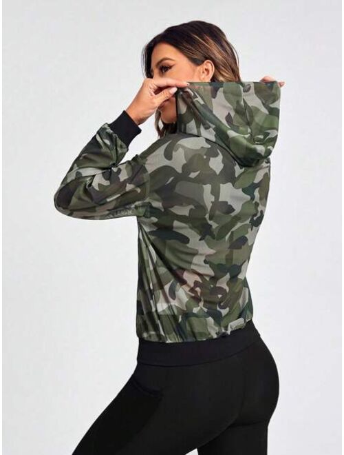 Shein Camo Print Drop Shoulder Zipper Hooded Sports Jacket