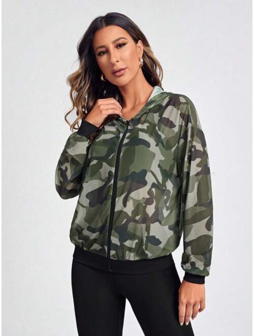 Shein Camo Print Drop Shoulder Zipper Hooded Sports Jacket