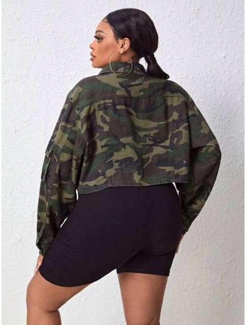 SHEIN ICON Plus Camo Print Drop Shoulder Crop Denim Jacket