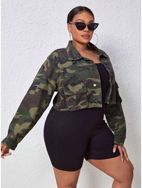 SHEIN ICON Plus Camo Print Drop Shoulder Crop Denim Jacket