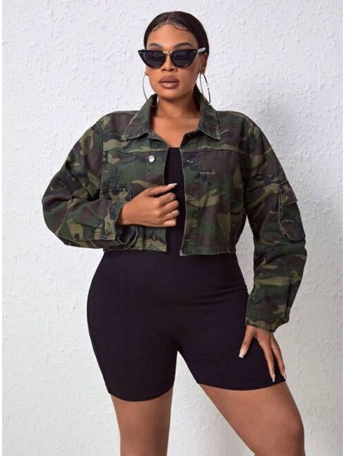 SHEIN ICON Plus Camo Print Drop Shoulder Crop Denim Jacket