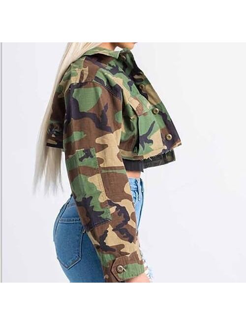 LROSEY Women's Long Sleeve Camo Army Fatigue Crop Jacket Blazer Coat Outwear