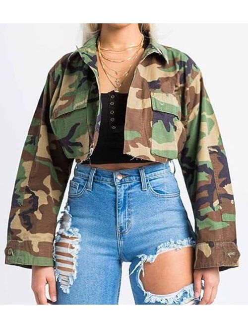 LROSEY Women's Long Sleeve Camo Army Fatigue Crop Jacket Blazer Coat Outwear