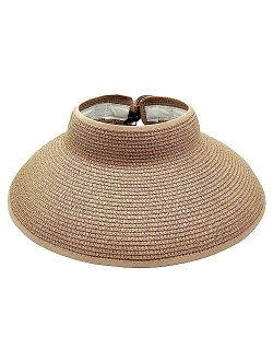 Eliewai Women Sun Visors with Roll-Up Ponytail Packable Foldable Wide Brim Straw UV Protection Sun Beach Hats for Women Travel