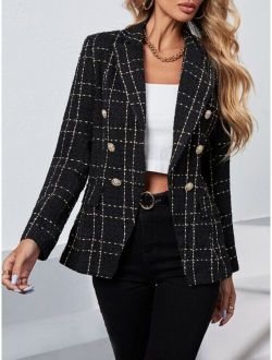 Frenchy Double Breasted Plaid Tweed Blazer