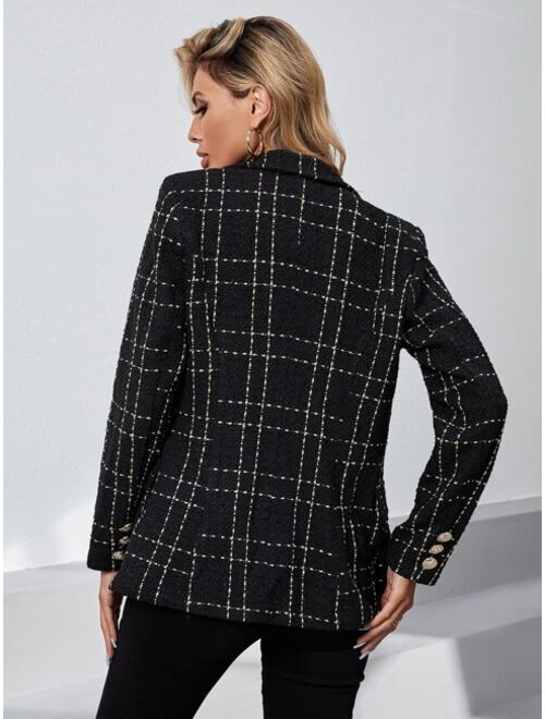 SHEIN Frenchy Double Breasted Plaid Tweed Blazer