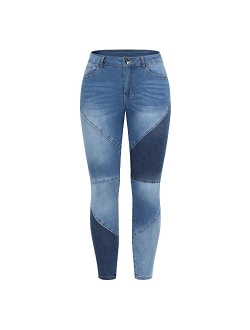 THUNDER STAR Women High Waist Patchwork Jeans Stretchy Denim Pants