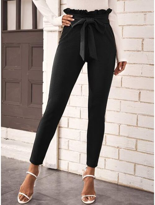 SHEIN Prive Belted Paperbag Waist Skinny Pants