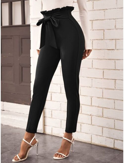 SHEIN Prive Belted Paperbag Waist Skinny Pants