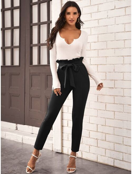 SHEIN Prive Belted Paperbag Waist Skinny Pants