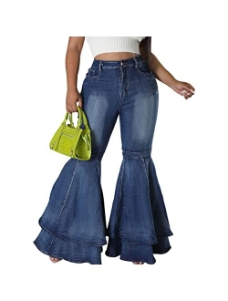ThusFar Women High Waist Patchwork Flare Jeans Plaid Bell Bottom Ruffle Hem Denim Long Pants Trousers