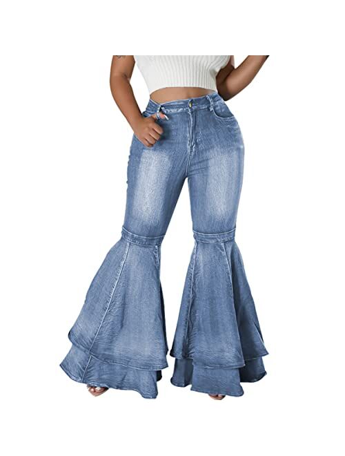 ThusFar Women High Waist Patchwork Flare Jeans Plaid Bell Bottom Ruffle Hem Denim Long Pants Trousers