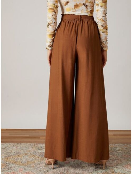 SHEIN VCAY Paperbag Waist Belted Palazzo Pants