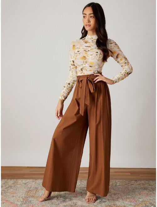 SHEIN VCAY Paperbag Waist Belted Palazzo Pants