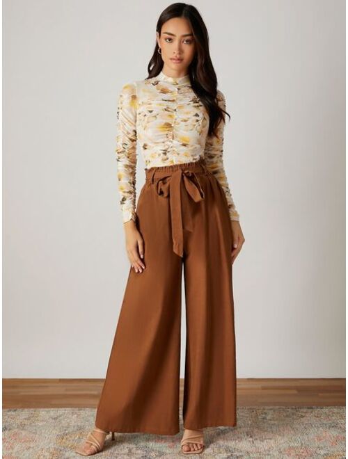 SHEIN VCAY Paperbag Waist Belted Palazzo Pants